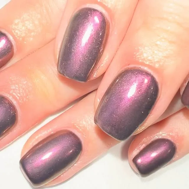 Aubergine chrome shimmer nails by Chloe at Beautano, Nitshill Glasgow