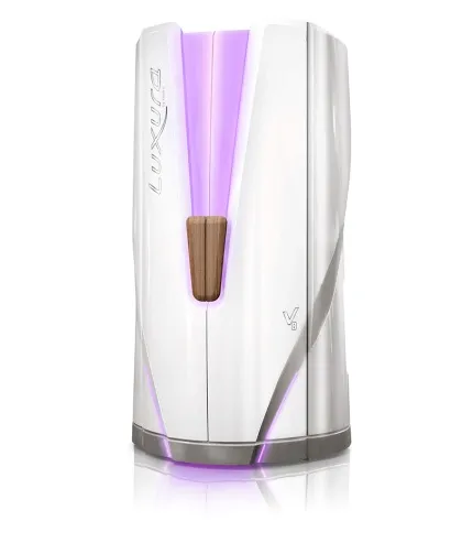 The Hapro Luxura V8 vertical stand-up sunbed at Beautano, glowing purple
