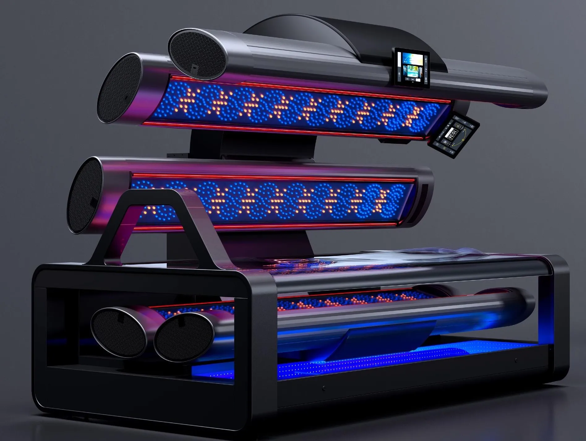 The megaSun K11 Air Select all-LED sunbed with its canopy raised, showing the blue UV and red-light LED panels