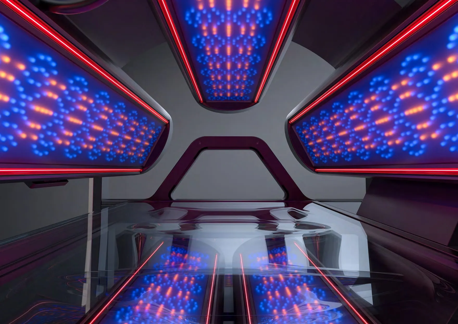 Inside the megaSun K11 Air Select — glowing blue UV and red-light LED panels reflected on the acrylic