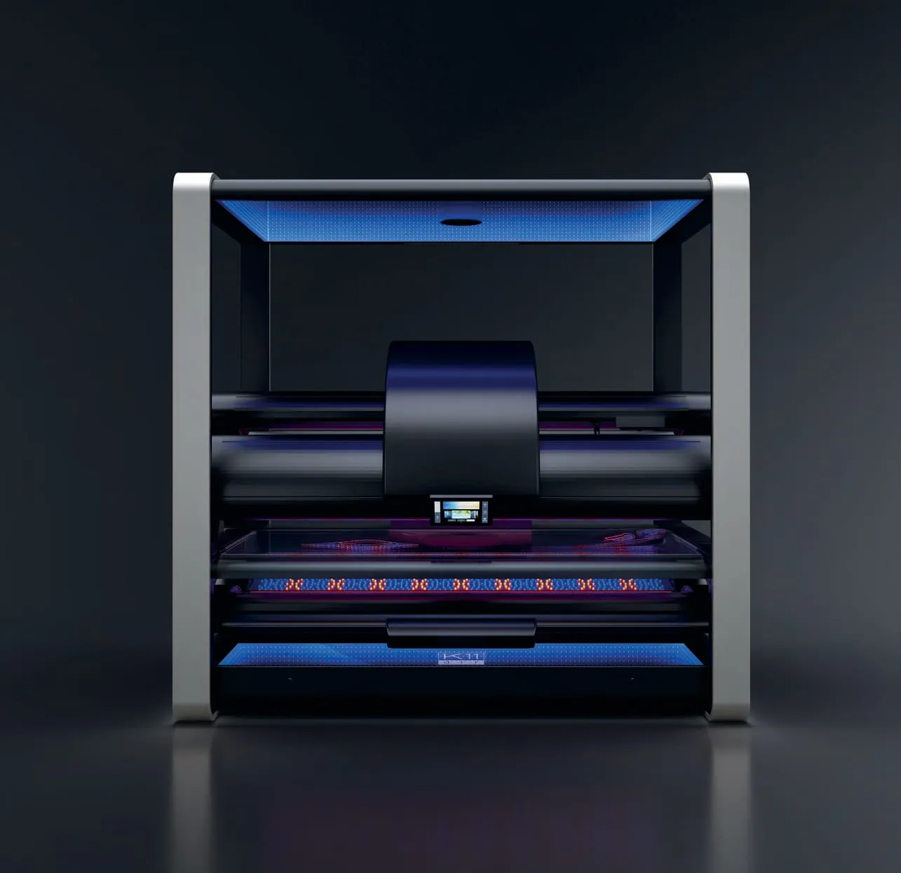 The megaSun K11 Air Select sunbed at Beautano, glowing with blue UV and red-light LEDs