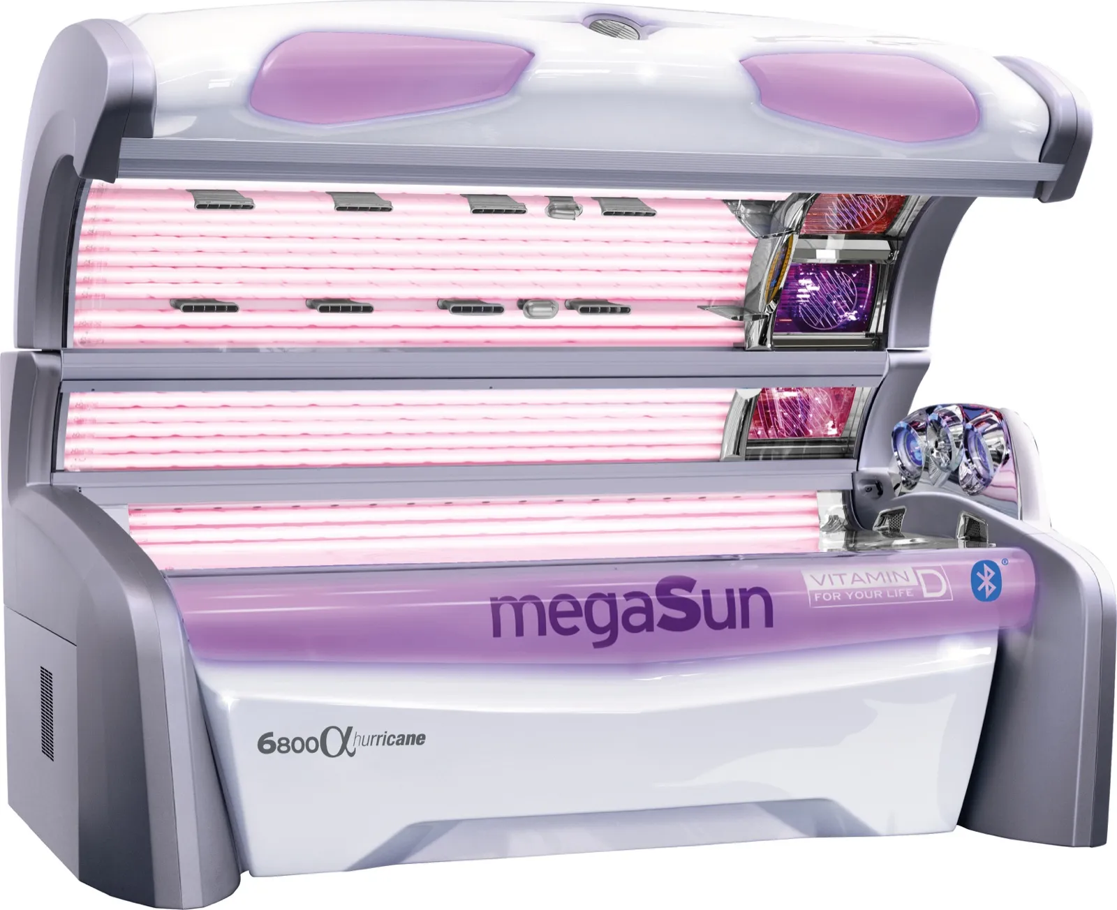 The megaSun 6800 Hurricane sunbed at Beautano, canopy open with its lamps lit