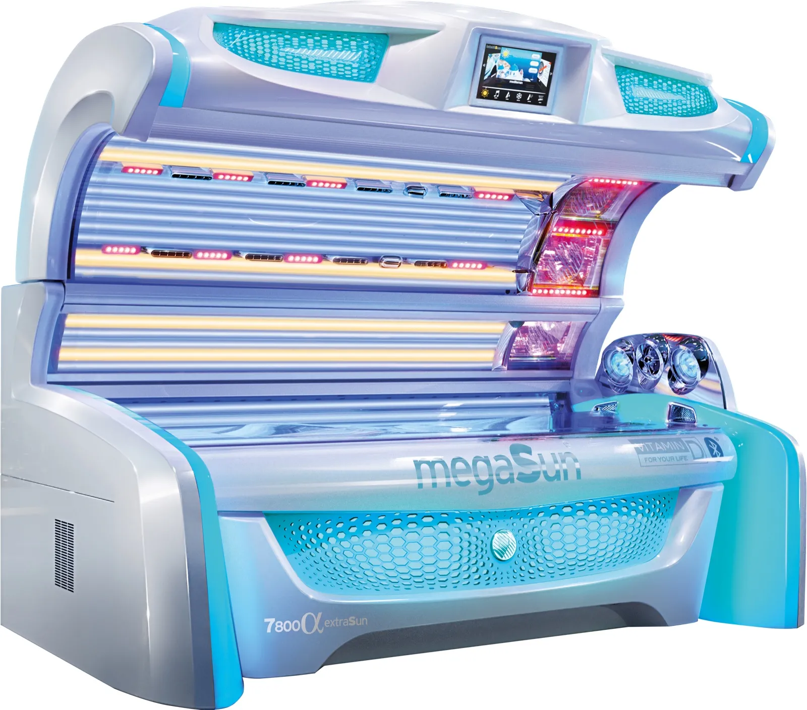 The megaSun 7800 extraSun sunbed at Beautano, canopy open with its lamps lit