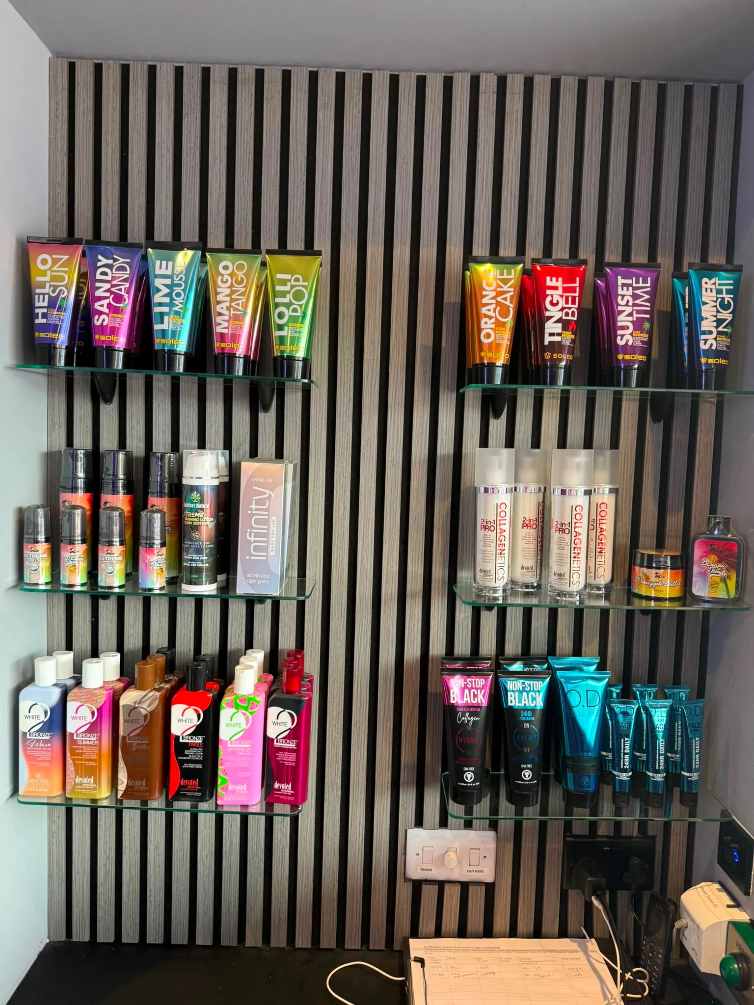 Beautano’s tanning product wall in Nitshill, with GetTheTan and Soleo creams, butters and bronzers