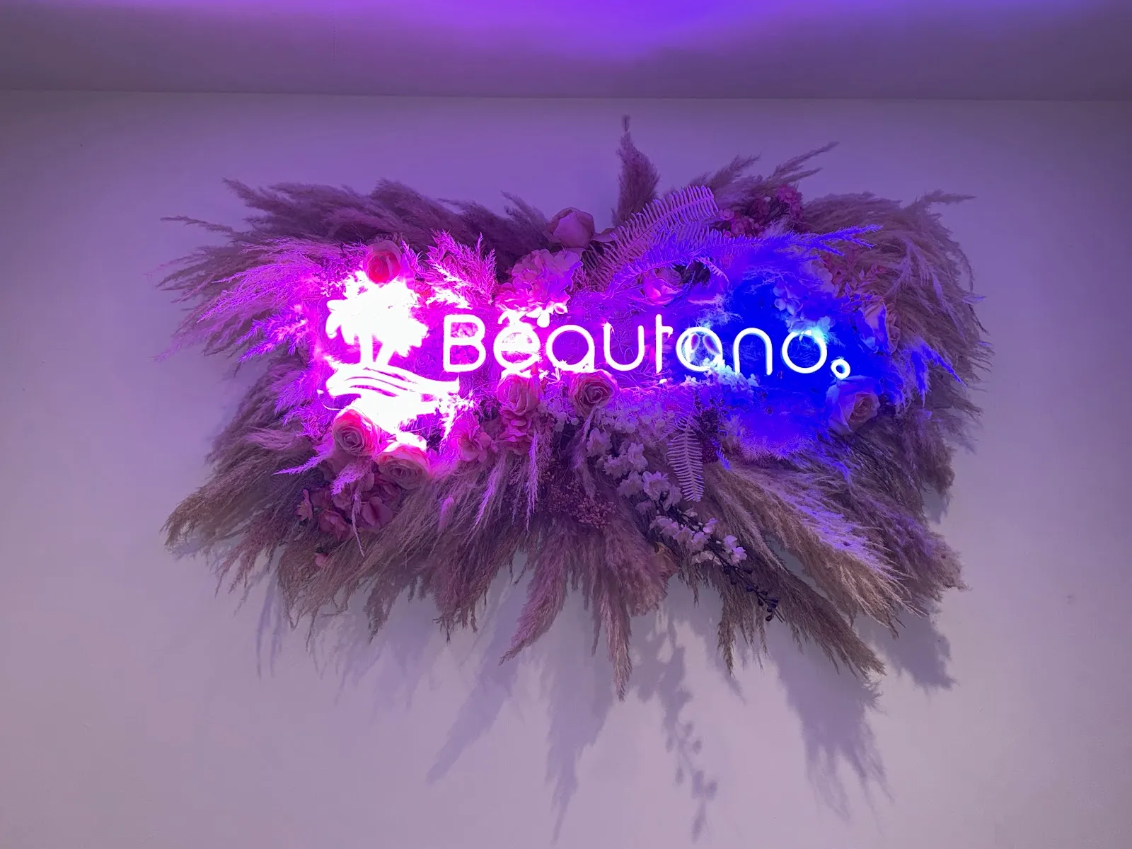 The Beautano neon logo set in a floral pampas wall